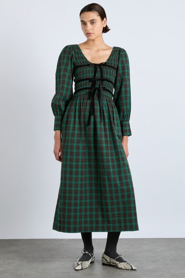 Dresses | elle shirred midi dress - green check Sale | Damson Madder Women