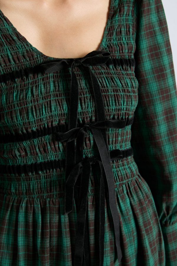 Dresses | elle shirred midi dress - green check Sale | Damson Madder Women - Image 5