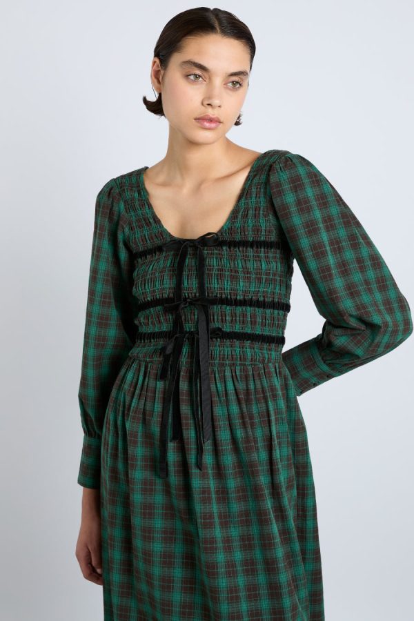 Dresses | elle shirred midi dress - green check Sale | Damson Madder Women - Image 4