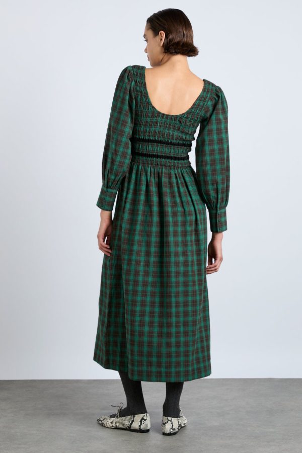 Dresses | elle shirred midi dress - green check Sale | Damson Madder Women - Image 3