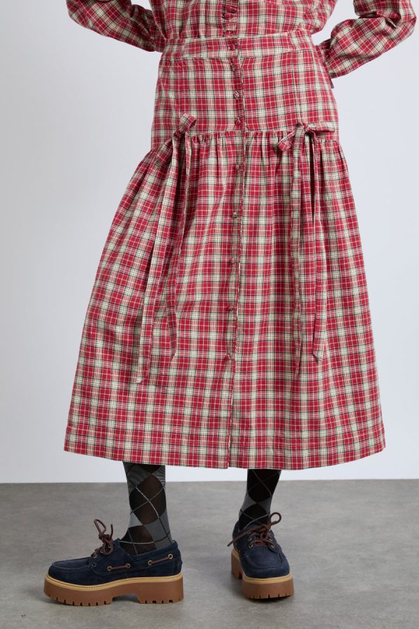 bronte button through midi skirt - red check None | Bottoms Damson Madder Women