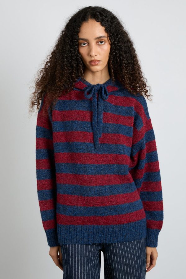 Damson Madder Knitwear | Women | riley knit hoodie - red navy stripe None