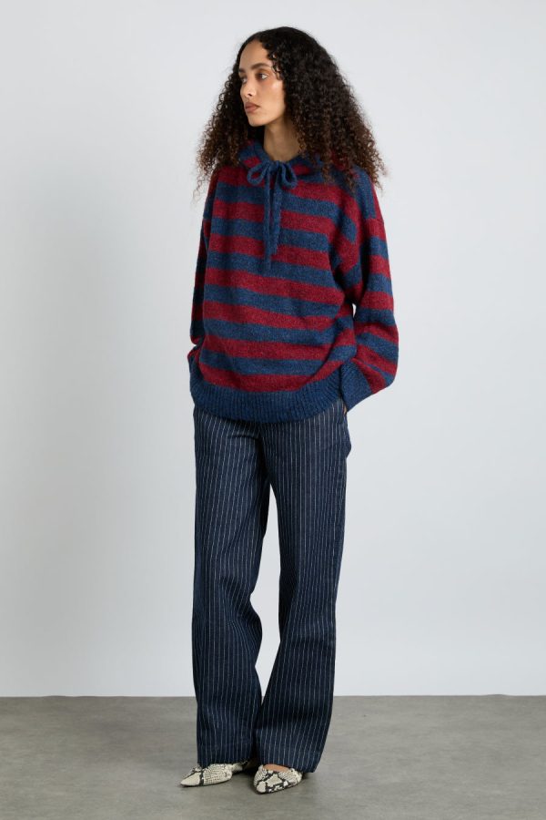 Damson Madder Knitwear | Women | riley knit hoodie - red navy stripe None - Image 2