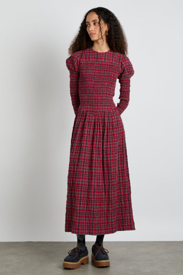 Women alice shirred midi dress- red check None | Co-ords Damson Madder