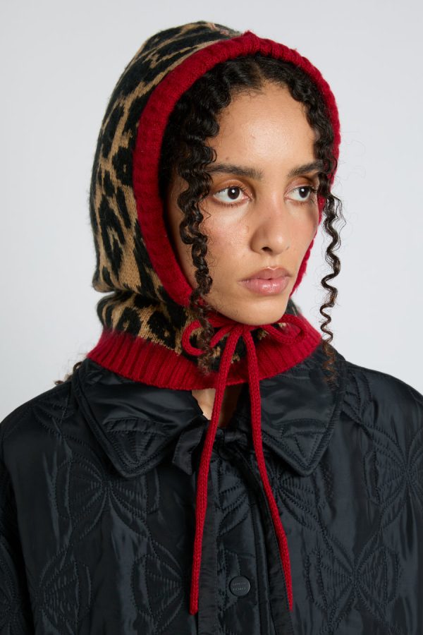 hood in leopard with red tie None Women | Hats Damson Madder
