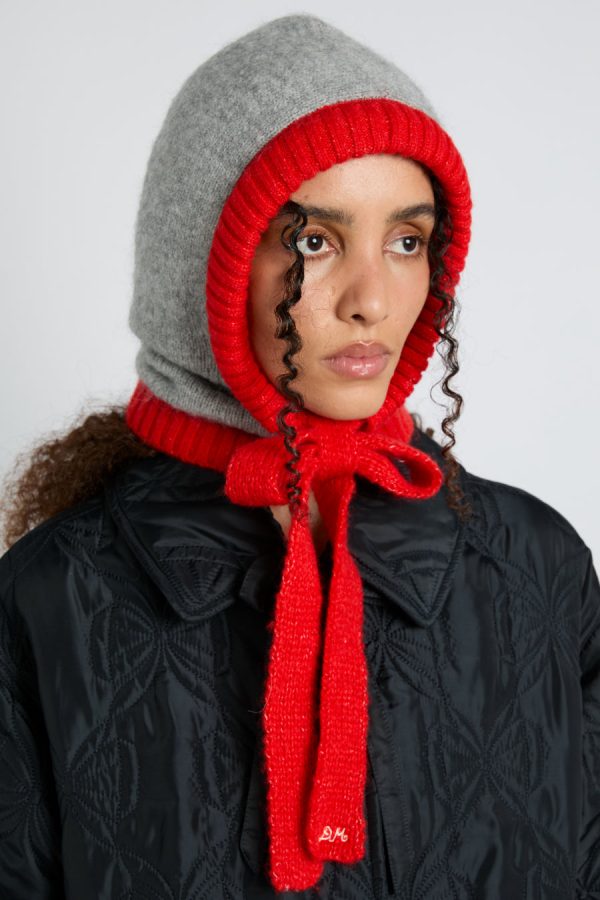 Hats Damson Madder | Women hood in grey marl with red tie in premium yarn None
