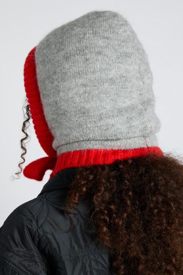 Hats Damson Madder | Women hood in grey marl with red tie in premium yarn None - Image 2