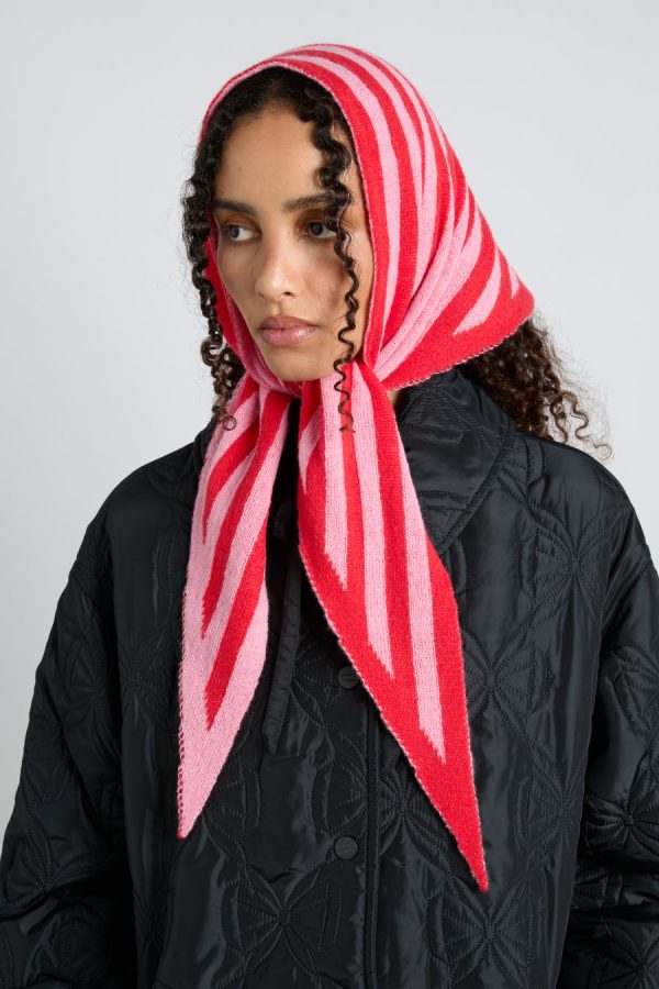 Hats | knitted triangle headscarf in pink & red stripe None | Damson Madder Women