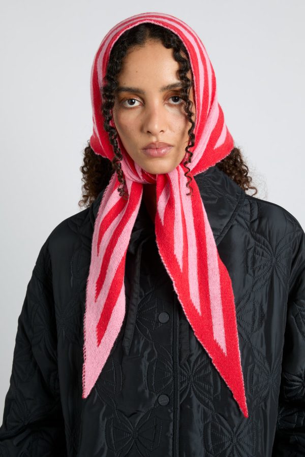 Hats | knitted triangle headscarf in pink & red stripe None | Damson Madder Women - Image 3