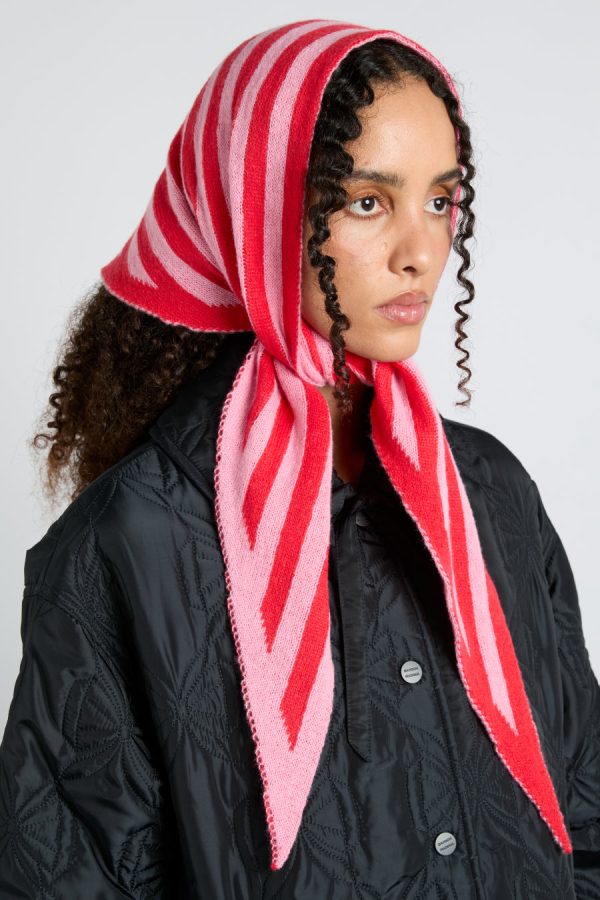 Hats | knitted triangle headscarf in pink & red stripe None | Damson Madder Women - Image 4