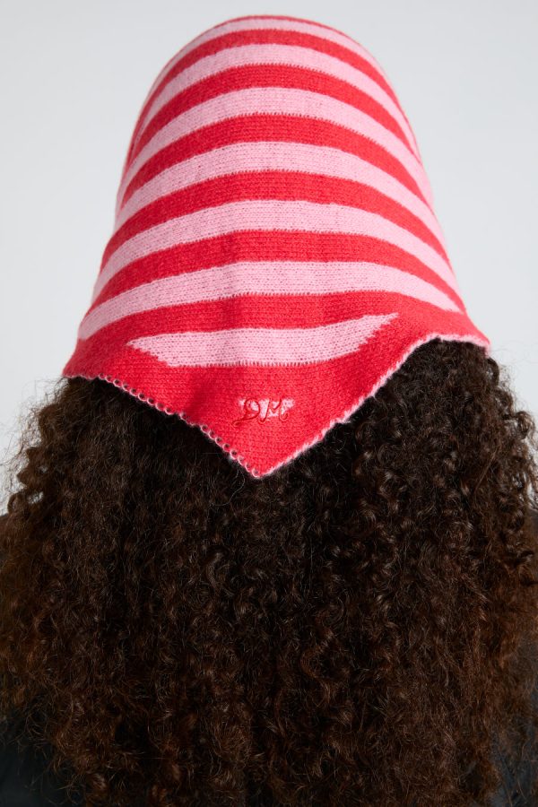 Hats | knitted triangle headscarf in pink & red stripe None | Damson Madder Women - Image 2